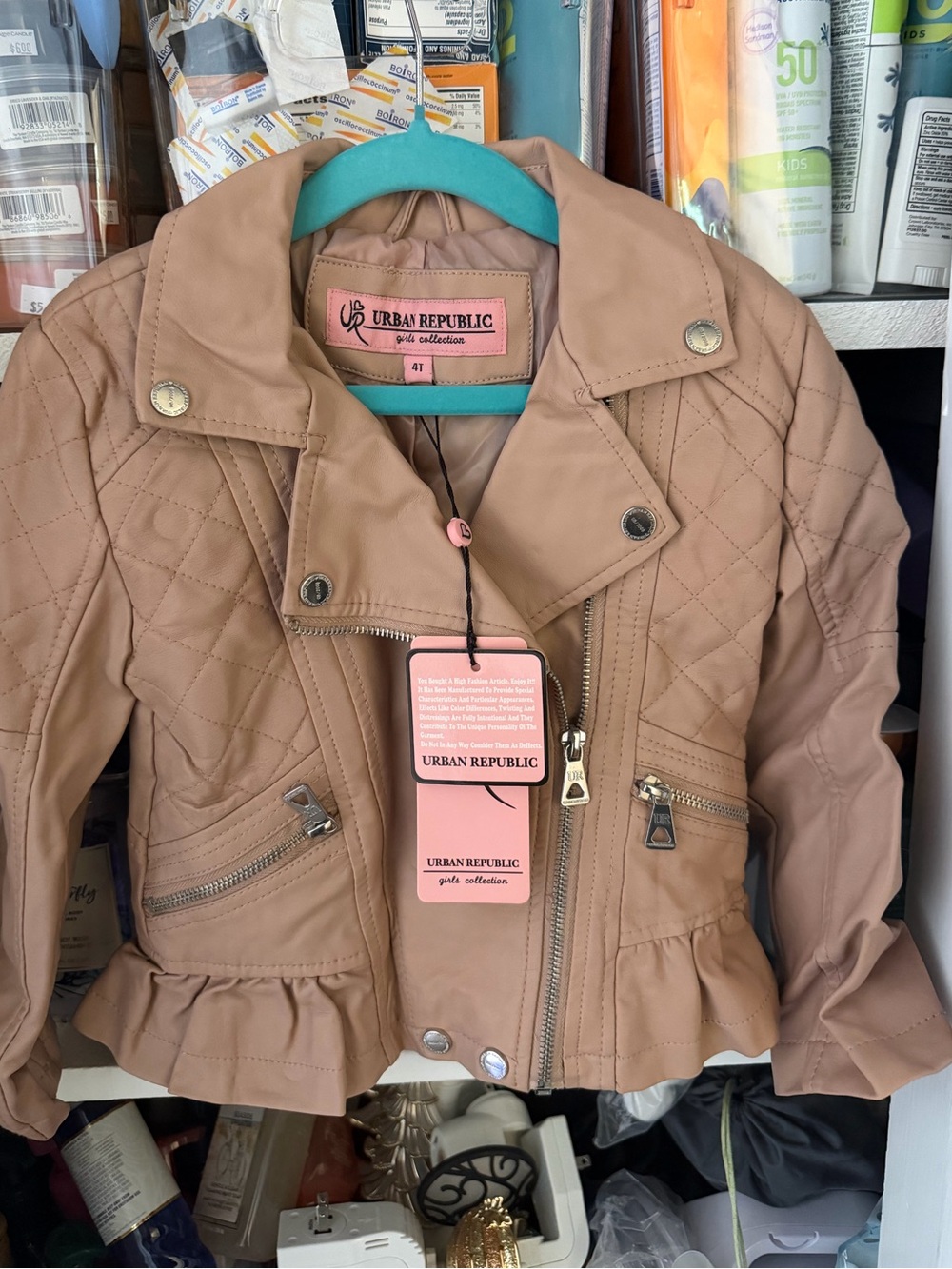Urban Republic Blush Pink faux leather moto jacket featuring a quilted design - Picture 1 of 7